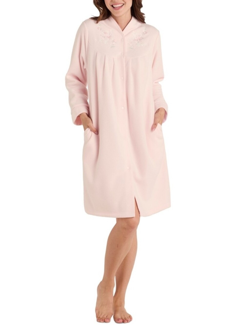 Miss Elaine Women's Embroidered Fleece Short Robe - Peach